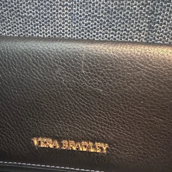 Vera Bradley Black Leather Wallet Clutch with Blue Floral Pattern Inside - Picture 2 of 10